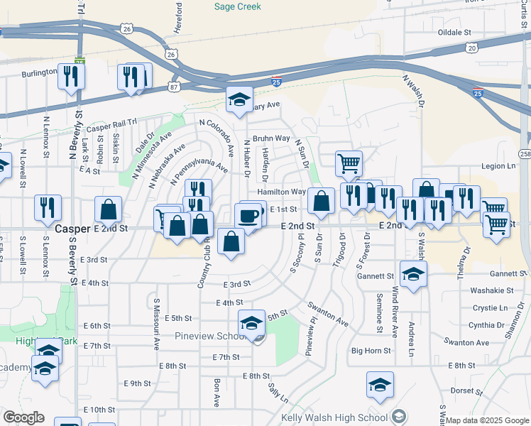 map of restaurants, bars, coffee shops, grocery stores, and more near 3035 East 1st Street in Casper