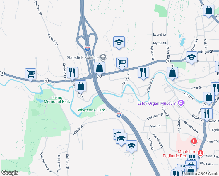 map of restaurants, bars, coffee shops, grocery stores, and more near 343 Williams Street in Brattleboro