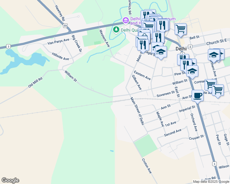 map of restaurants, bars, coffee shops, grocery stores, and more near 303 William Street in Delhi
