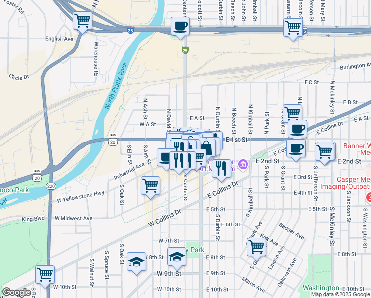 map of restaurants, bars, coffee shops, grocery stores, and more near 137 South Center Street in Casper