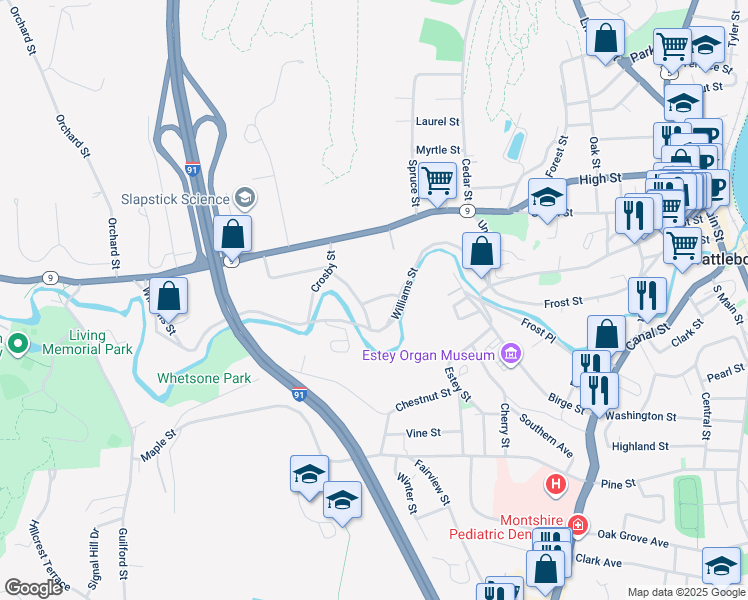 map of restaurants, bars, coffee shops, grocery stores, and more near 62 West Street in Brattleboro