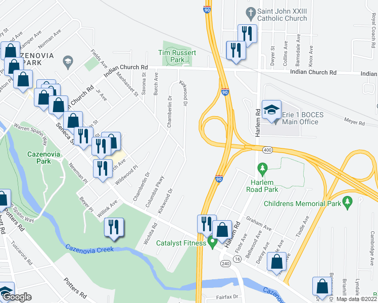 map of restaurants, bars, coffee shops, grocery stores, and more near 167 Kirkwood Drive in Buffalo