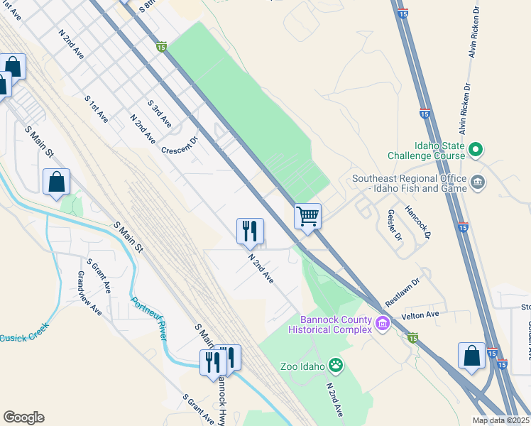 map of restaurants, bars, coffee shops, grocery stores, and more near 2227 South 4th Avenue in Pocatello