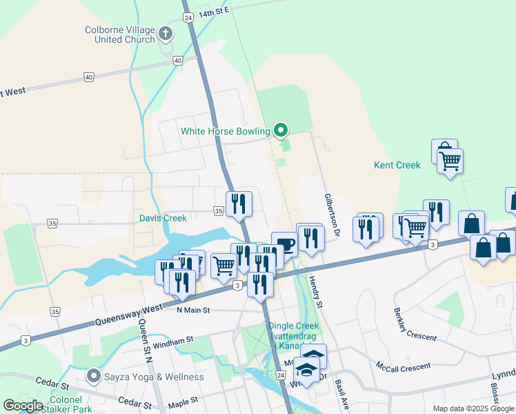 map of restaurants, bars, coffee shops, grocery stores, and more near 18 Second Avenue East in Simcoe