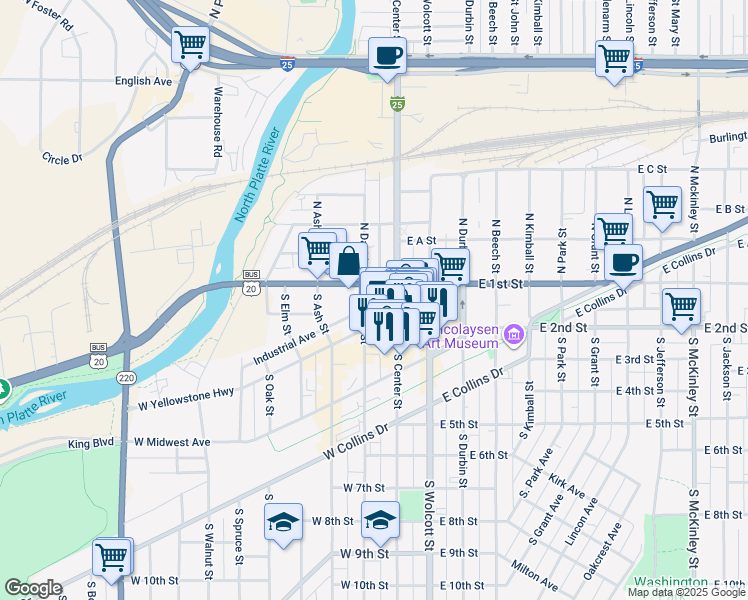 map of restaurants, bars, coffee shops, grocery stores, and more near 123 West 1st Street in Casper