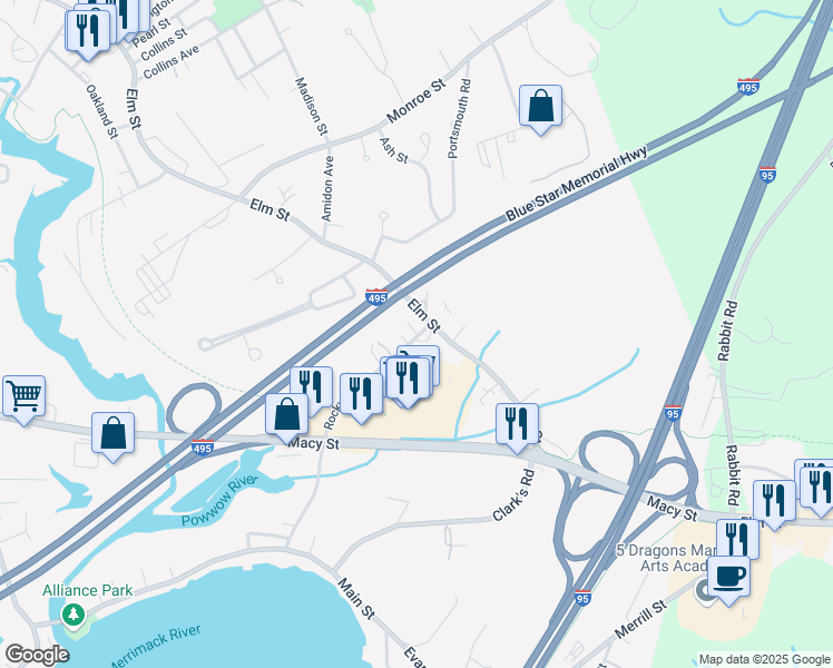 map of restaurants, bars, coffee shops, grocery stores, and more near 9 Mellons Lane in Amesbury