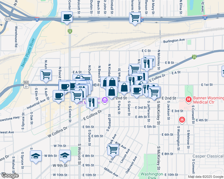 map of restaurants, bars, coffee shops, grocery stores, and more near Casper Rail Trail in Casper