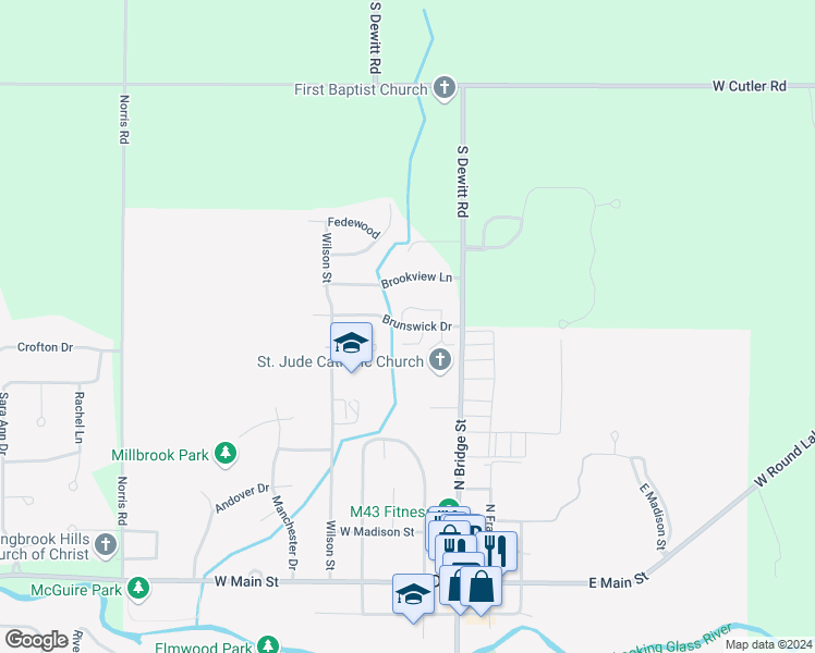 map of restaurants, bars, coffee shops, grocery stores, and more near 301 Creeping Brook Circle in DeWitt