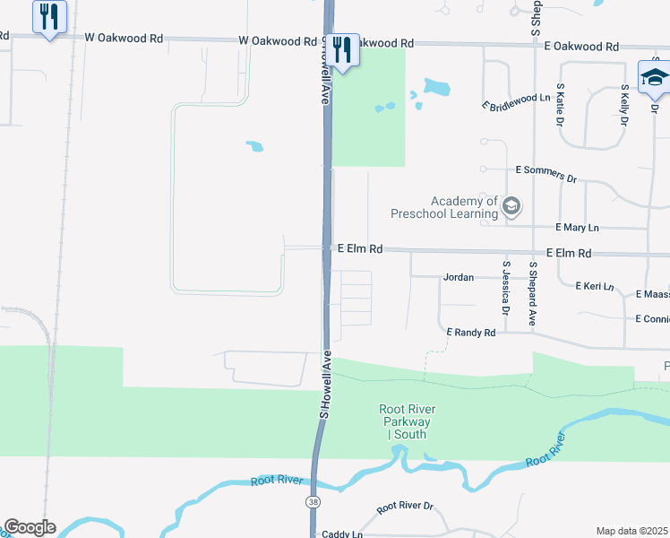 map of restaurants, bars, coffee shops, grocery stores, and more near 10621-10839 South Howell Avenue in Oak Creek