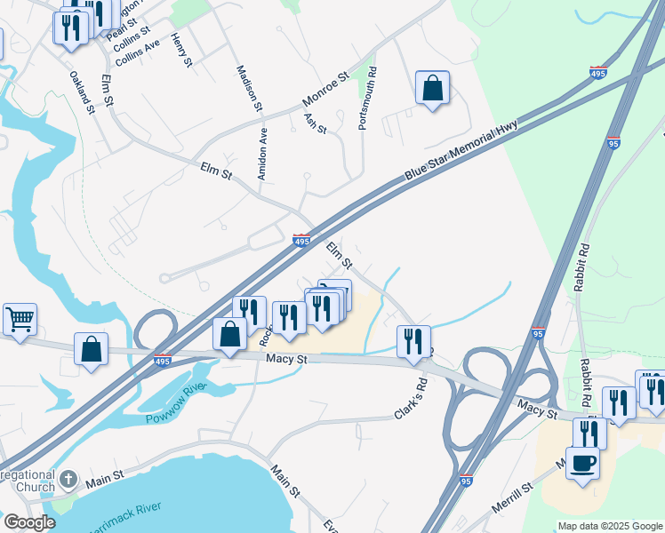 map of restaurants, bars, coffee shops, grocery stores, and more near 4 Mellons Lane in Amesbury