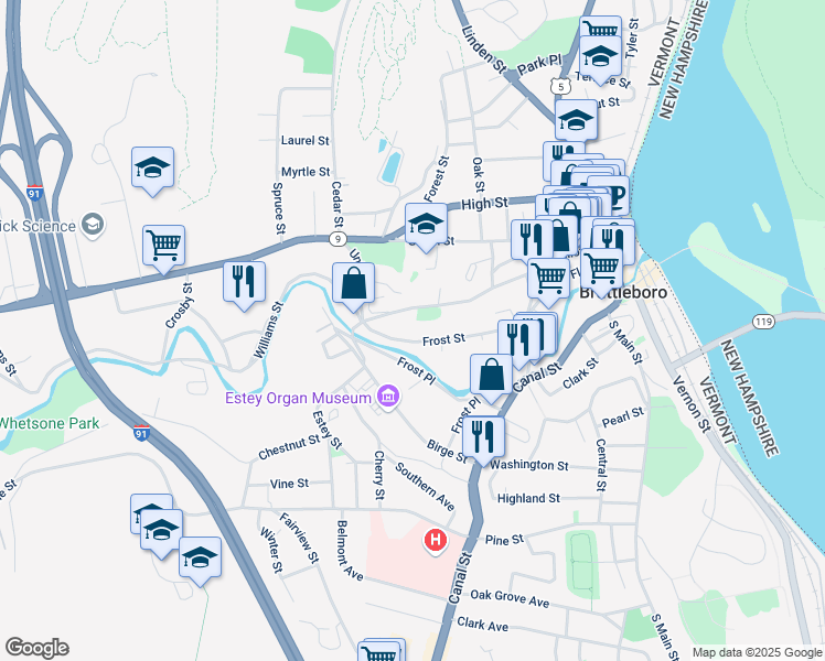 map of restaurants, bars, coffee shops, grocery stores, and more near 58 Frost Place in Brattleboro
