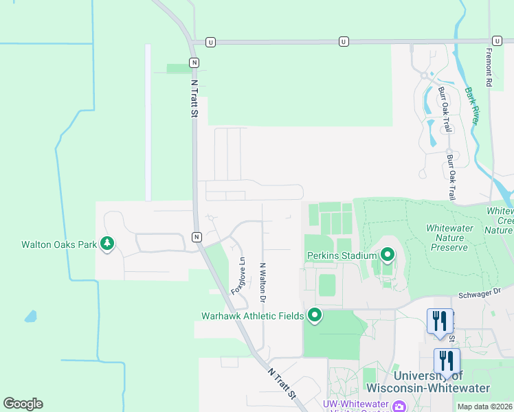 map of restaurants, bars, coffee shops, grocery stores, and more near 1123 Bloomingfield Drive in Whitewater