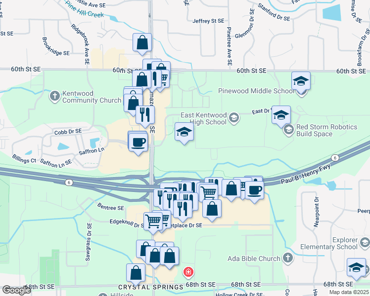 map of restaurants, bars, coffee shops, grocery stores, and more near 6230 Kalamazoo Avenue Southeast in Grand Rapids
