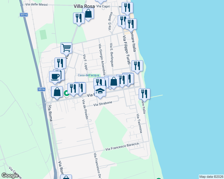 map of restaurants, bars, coffee shops, grocery stores, and more near 18 Via Giuseppe di Vittorio in Villa Rosa