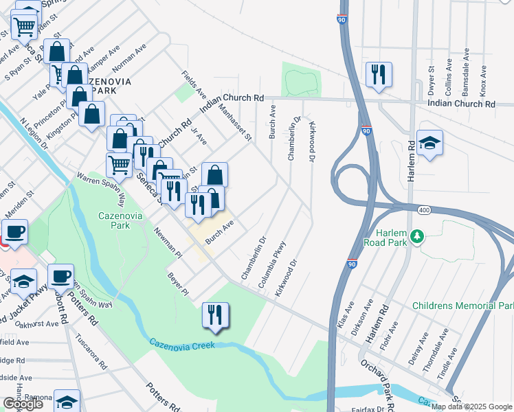 map of restaurants, bars, coffee shops, grocery stores, and more near 120 Burch Avenue in Buffalo