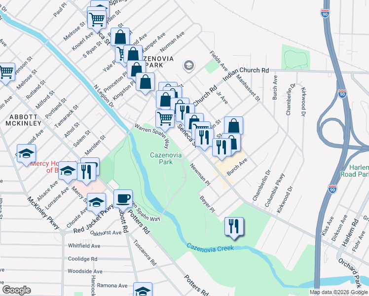 map of restaurants, bars, coffee shops, grocery stores, and more near 2317 Seneca Street in Buffalo