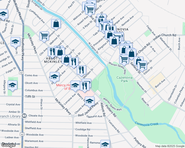 map of restaurants, bars, coffee shops, grocery stores, and more near 412 Cumberland Avenue in Buffalo