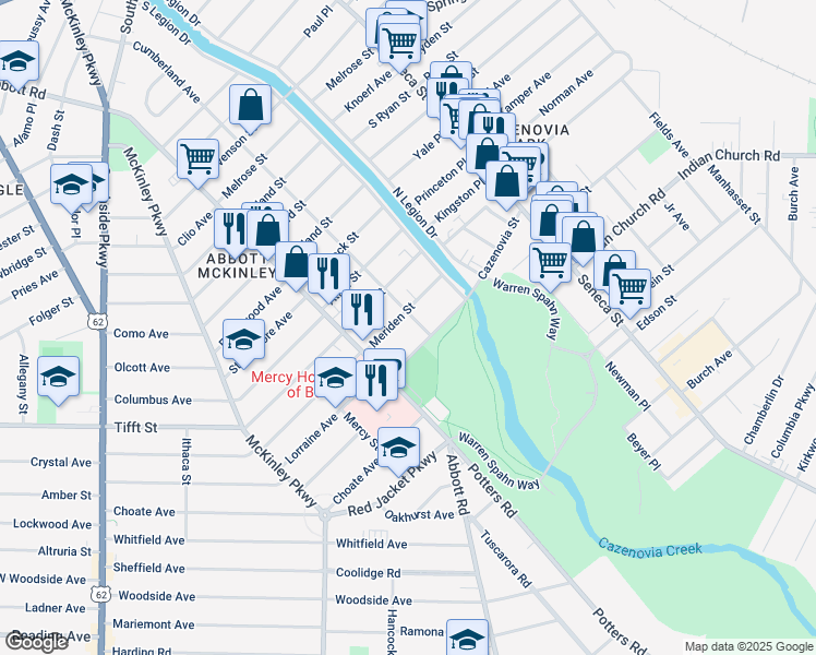 map of restaurants, bars, coffee shops, grocery stores, and more near 412 Cumberland Avenue in Buffalo