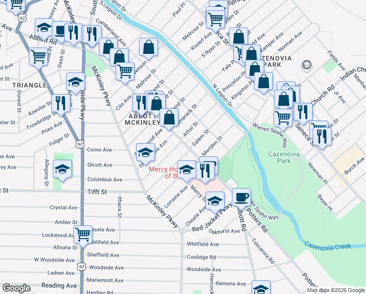 map of restaurants, bars, coffee shops, grocery stores, and more near 13 Athol Street in Buffalo