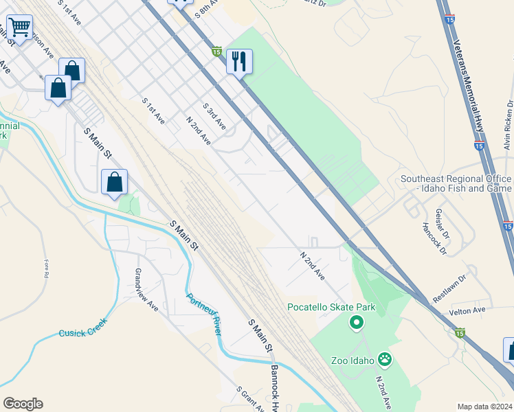 map of restaurants, bars, coffee shops, grocery stores, and more near 2001 Bengal View Drive in Pocatello