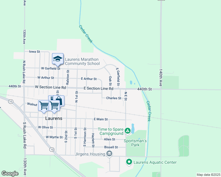 map of restaurants, bars, coffee shops, grocery stores, and more near 300 Oak Street in Laurens