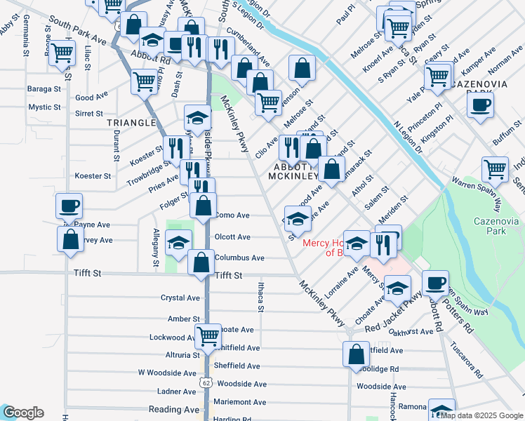 map of restaurants, bars, coffee shops, grocery stores, and more near 674 McKinley Parkway in Buffalo