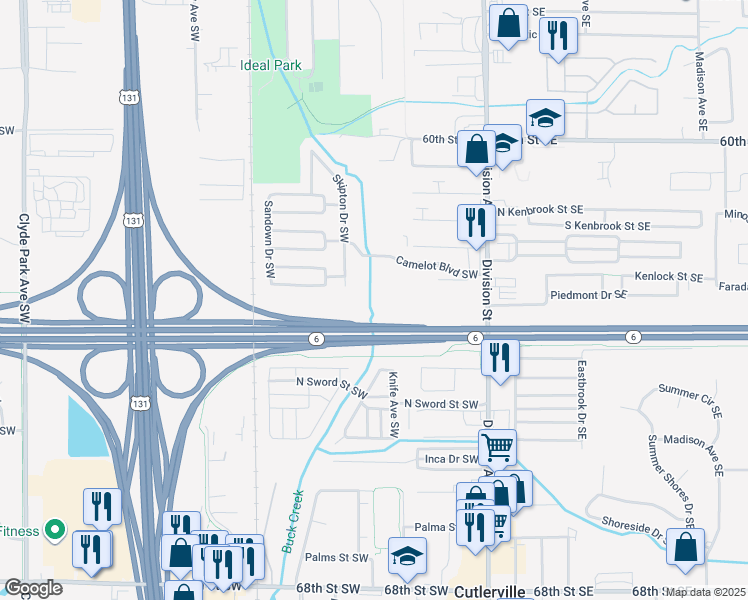map of restaurants, bars, coffee shops, grocery stores, and more near 170 Camelot Boulevard Southwest in Grand Rapids