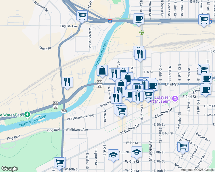 map of restaurants, bars, coffee shops, grocery stores, and more near 435 West 1st Street in Casper
