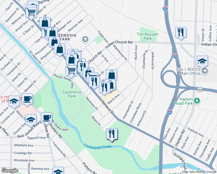 map of restaurants, bars, coffee shops, grocery stores, and more near 55 Edson Street in Buffalo