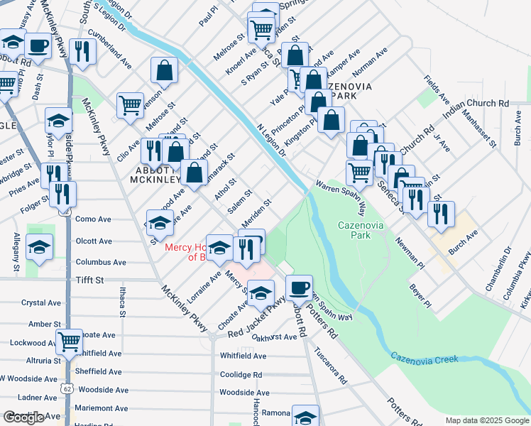 map of restaurants, bars, coffee shops, grocery stores, and more near 412 Cumberland Avenue in Buffalo