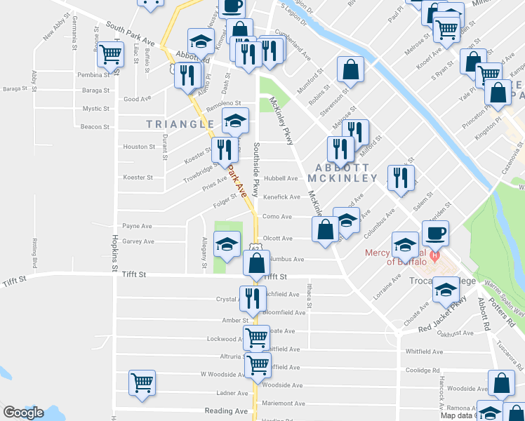 map of restaurants, bars, coffee shops, grocery stores, and more near 69 Southside Parkway in Buffalo