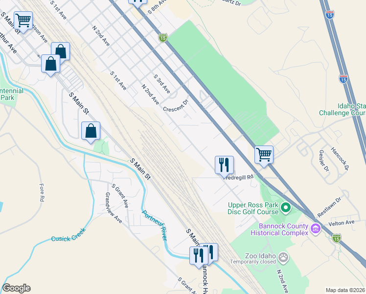 map of restaurants, bars, coffee shops, grocery stores, and more near 1919 South 2nd Avenue in Pocatello