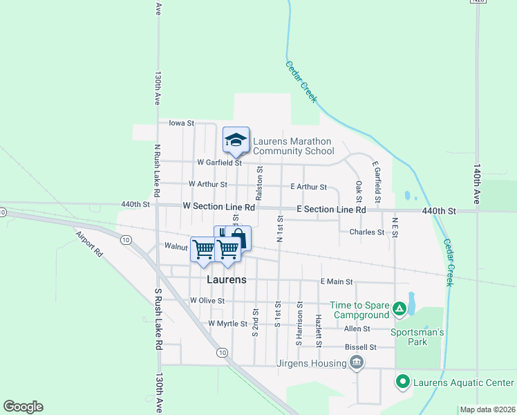 map of restaurants, bars, coffee shops, grocery stores, and more near 300 Ralston Street in Laurens