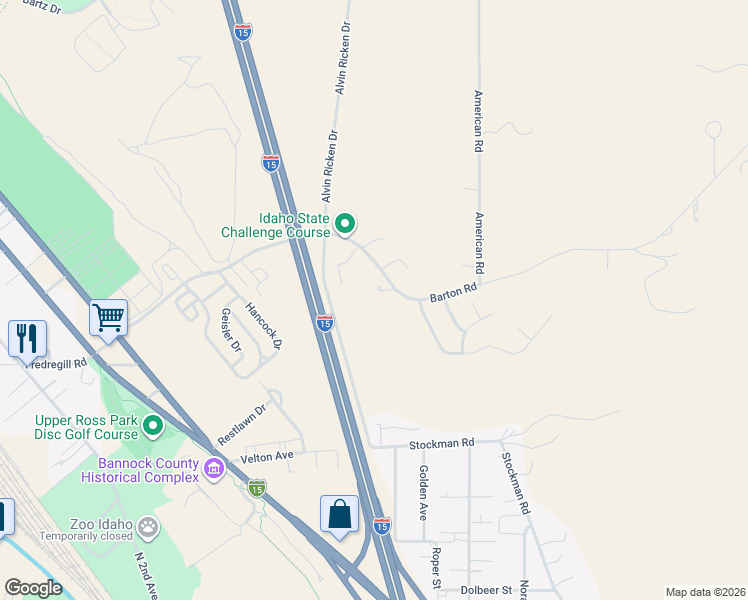 map of restaurants, bars, coffee shops, grocery stores, and more near 1365 Barton Road in Pocatello
