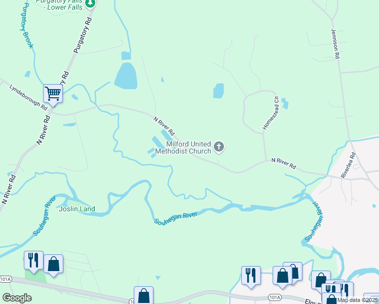 map of restaurants, bars, coffee shops, grocery stores, and more near North River Road in Milford