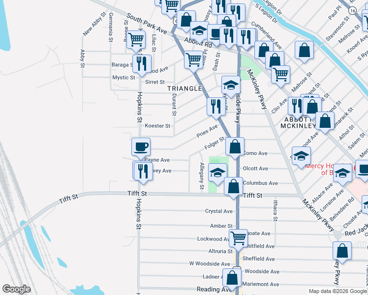 map of restaurants, bars, coffee shops, grocery stores, and more near 120 Pries Avenue in Buffalo