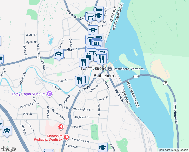 map of restaurants, bars, coffee shops, grocery stores, and more near 12 Main Street in Brattleboro