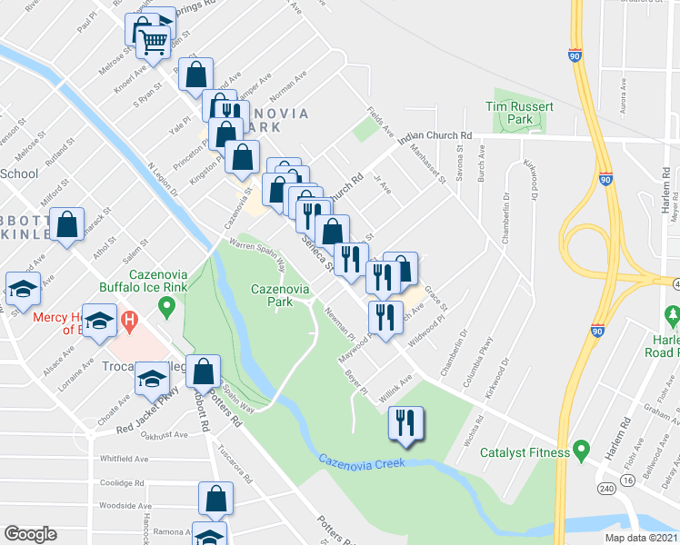 map of restaurants, bars, coffee shops, grocery stores, and more near 31 Duerstein Street in Buffalo