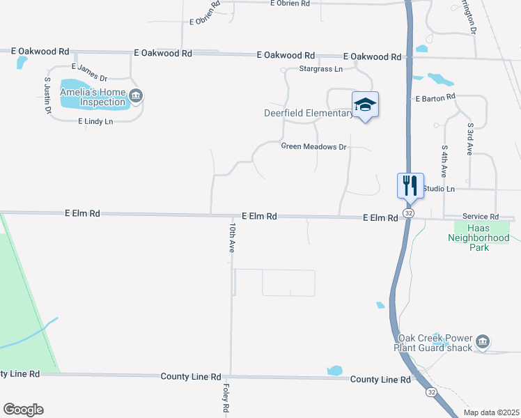 map of restaurants, bars, coffee shops, grocery stores, and more near 3650 East Elm Road in Oak Creek