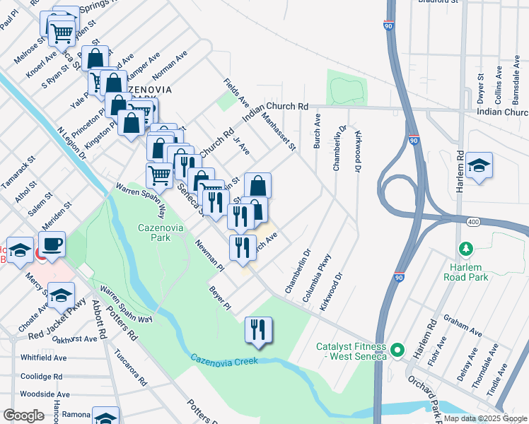 map of restaurants, bars, coffee shops, grocery stores, and more near in West Seneca