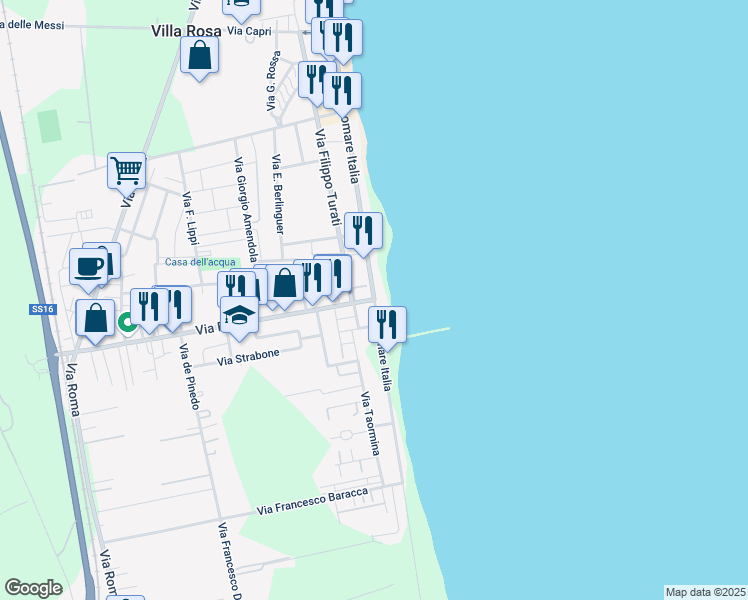 map of restaurants, bars, coffee shops, grocery stores, and more near 60 Lungomare Italia in Villa Rosa