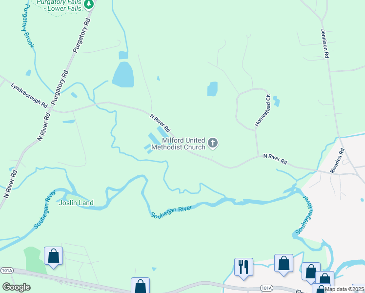 map of restaurants, bars, coffee shops, grocery stores, and more near North River Road in Milford