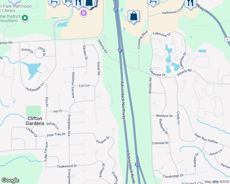 map of restaurants, bars, coffee shops, grocery stores, and more near Adirondack Northway in Saratoga County