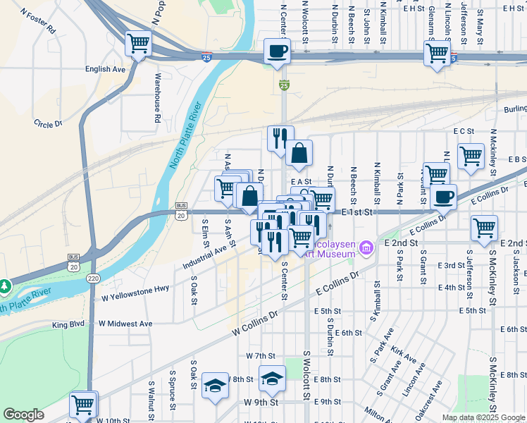 map of restaurants, bars, coffee shops, grocery stores, and more near 120 North Center Street in Casper