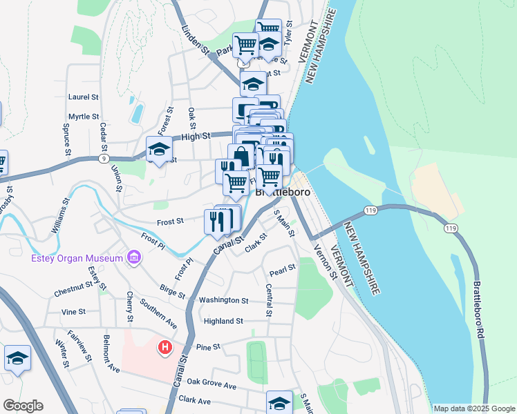 map of restaurants, bars, coffee shops, grocery stores, and more near 12 Main Street in Brattleboro