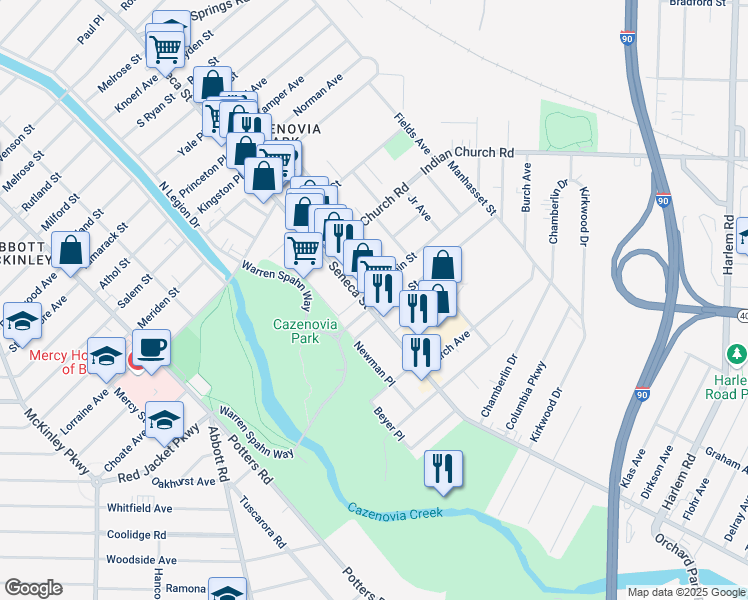 map of restaurants, bars, coffee shops, grocery stores, and more near 31 Duerstein Street in Buffalo