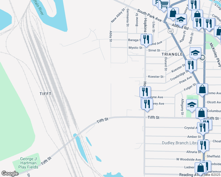 map of restaurants, bars, coffee shops, grocery stores, and more near 100 Rittling Boulevard in Buffalo