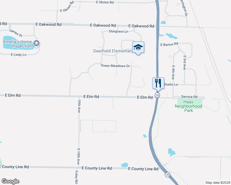 map of restaurants, bars, coffee shops, grocery stores, and more near 3800 East Elm Road in Oak Creek