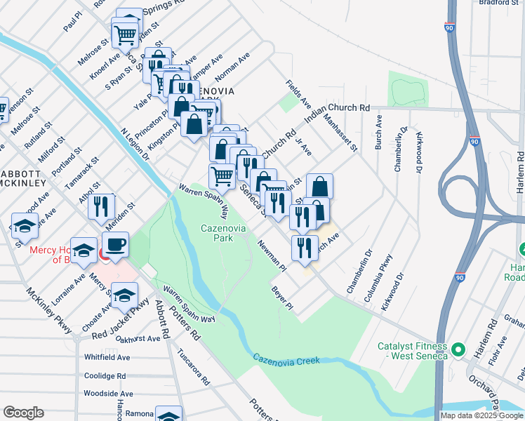 map of restaurants, bars, coffee shops, grocery stores, and more near Seneca Street & Duerstein Street in Buffalo