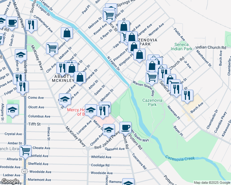 map of restaurants, bars, coffee shops, grocery stores, and more near 430 Cumberland Avenue in Buffalo